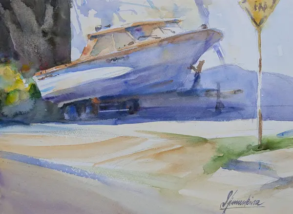 Retired — Plein air painting of a boat by a wall, Seattle